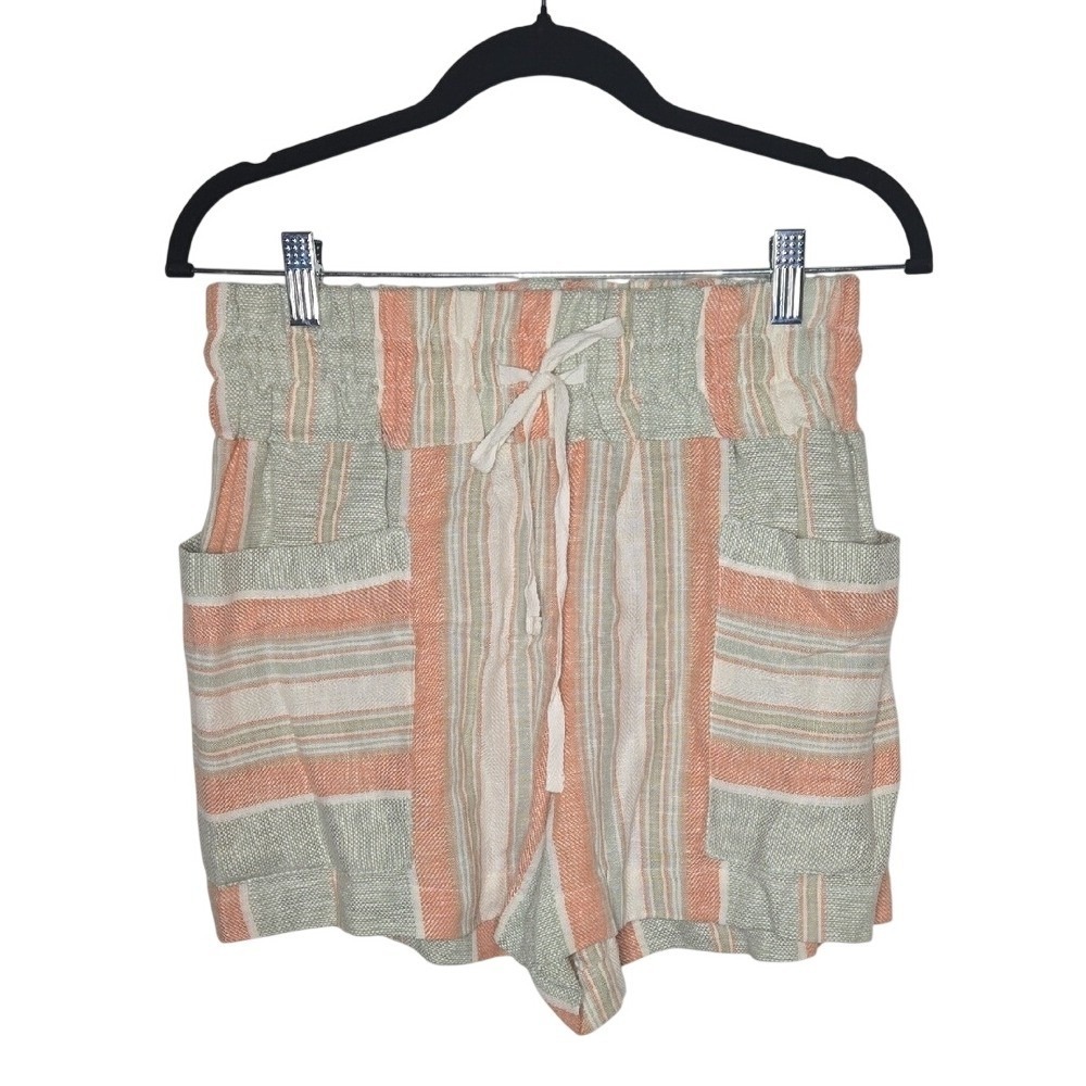 Indigo Rein Linen Blend High Waisted Striped Shorts Drawstring Comfort‎ Timeless